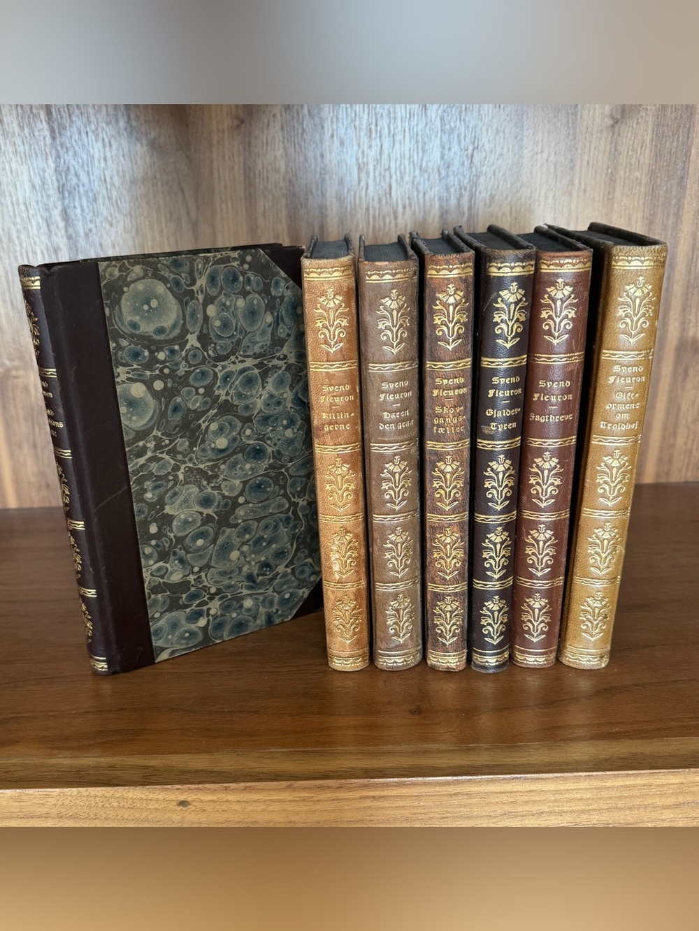 Antique Decorative Leather Book Set in Brown and Marbled Green